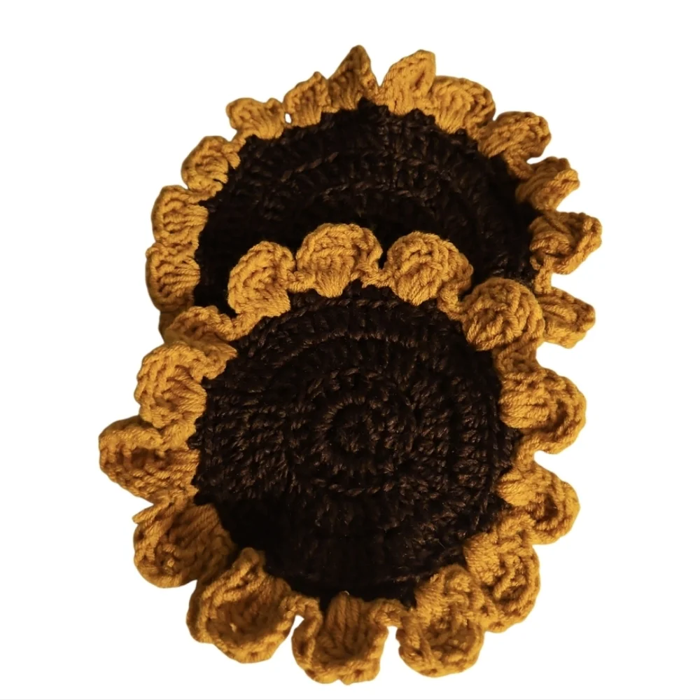 Hand Crafted Floral Coaster 2pc Set Sunflower Mug Rug Home Decor Faux Flower Mat